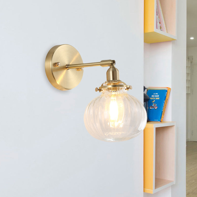 1 Head Wall Mounted Lamp Colonial Orb Clear/Cognac Prismatic Glass Sconce Lighting Fixture in Gold | Stornfield