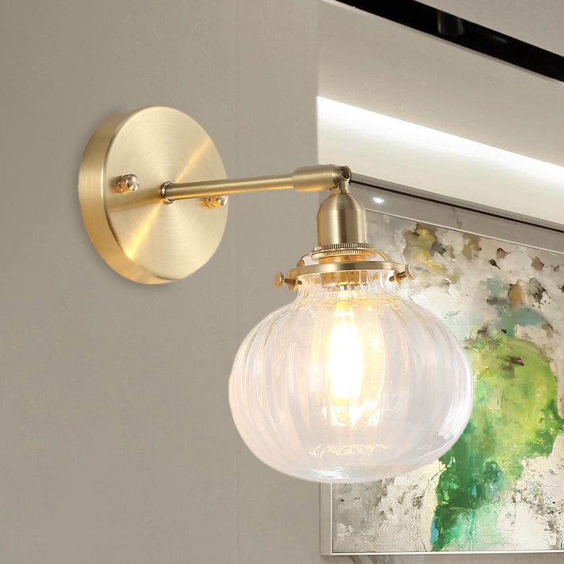 1 Head Wall Mounted Lamp Colonial Orb Clear/Cognac Prismatic Glass Sconce Lighting Fixture in Gold | Stornfield