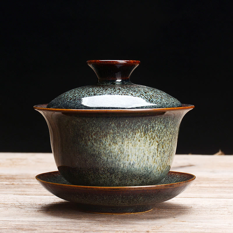 Stornfield | Vintage Sancai Ceramic Teacup with Lid and Saucer