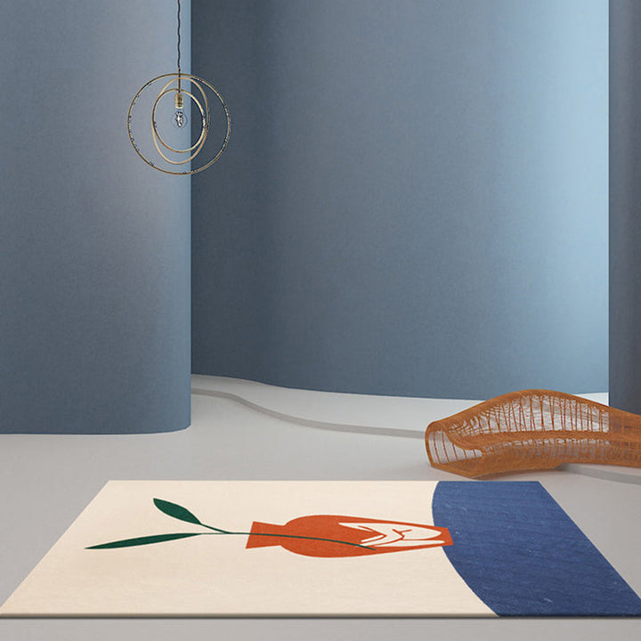 Stornfield | Blue and Orange Modernist Vase Pattern Polyester Rug Non-Slip Washable Pet-Friendly Mat for Home