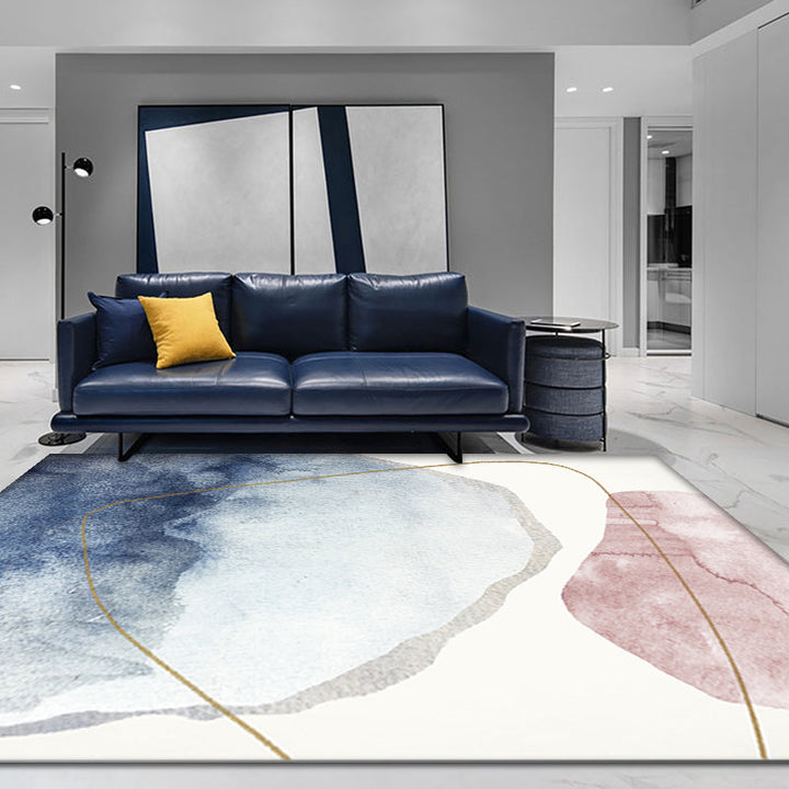 Stornfield | Unique Blue Modernist Washable Color Block Polyester Rug, Pet Friendly, Non-Slip Rug for Living Room