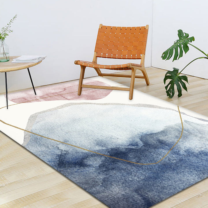 Stornfield | Unique Blue Modernist Washable Color Block Polyester Rug, Pet Friendly, Non-Slip Rug for Living Room