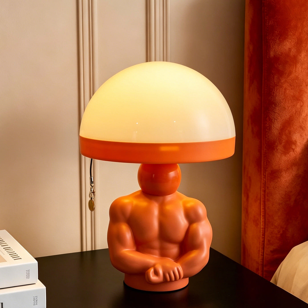 Mushroom table lamp with muscle figure