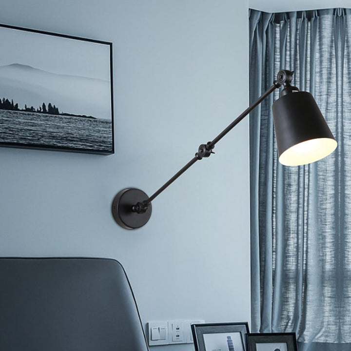 2-Joint Swing Arm Wall Reading Light Nordic Iron Single Black/White Sconce Lighting with Tapered Shade | Stornfield