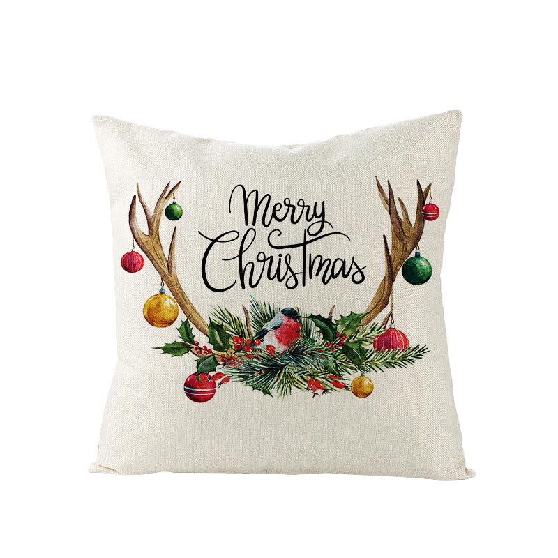Festive Linen-Texture Holiday Throw Pillow Cover with Antler Motif and Poinsettia Accent