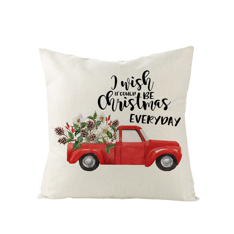 Festive Linen-Texture Holiday Throw Pillow Cover with Antler Motif and Poinsettia Accent