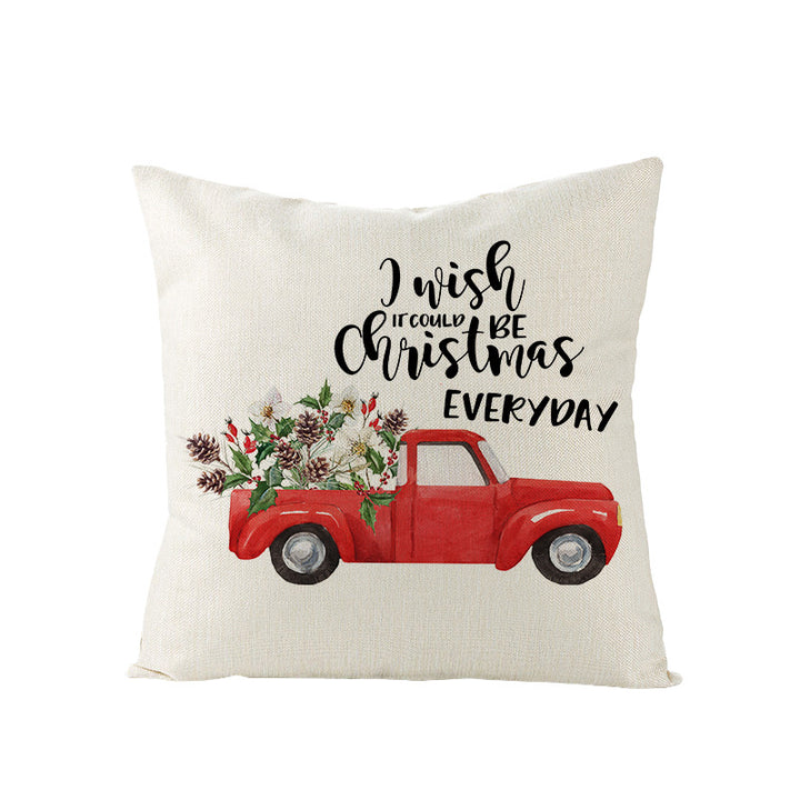 Festive Linen-Texture Holiday Throw Pillow Cover with Antler Motif and Poinsettia Accent
