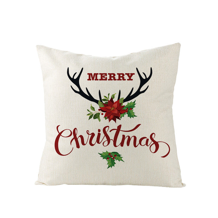 Festive Linen-Texture Holiday Throw Pillow Cover with Antler Motif and Poinsettia Accent