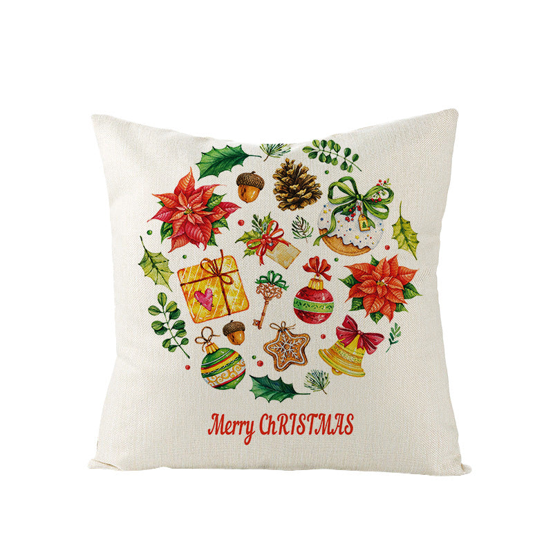 Festive Linen-Texture Holiday Throw Pillow Cover with Antler Motif and Poinsettia Accent