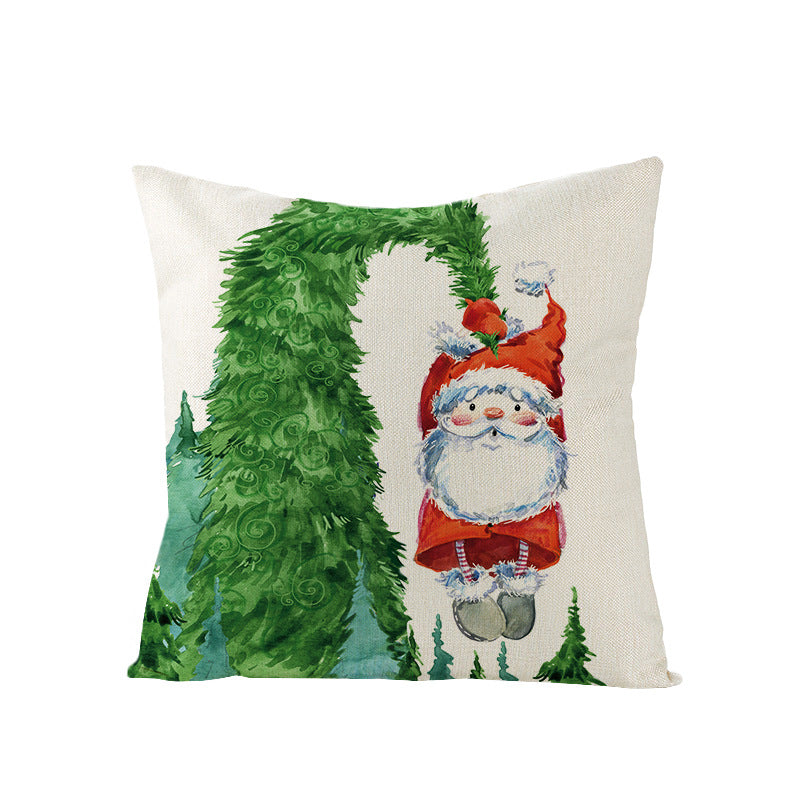 Festive Linen-Texture Holiday Throw Pillow Cover with Antler Motif and Poinsettia Accent