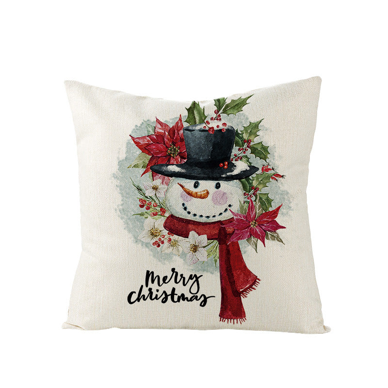 Festive Linen-Texture Holiday Throw Pillow Cover with Antler Motif and Poinsettia Accent