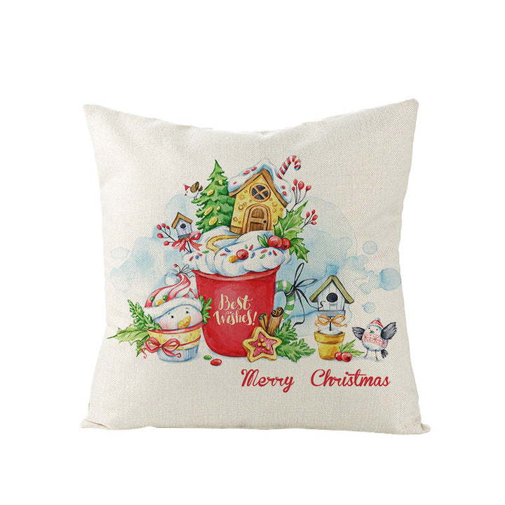 Festive Linen-Texture Holiday Throw Pillow Cover with Antler Motif and Poinsettia Accent