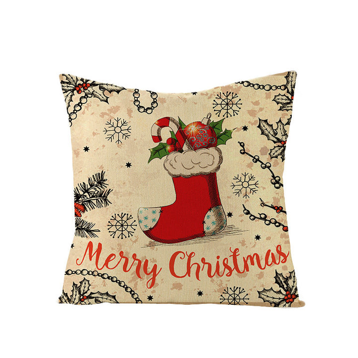 Festive Linen-Texture Holiday Throw Pillow Cover with Antler Motif and Poinsettia Accent