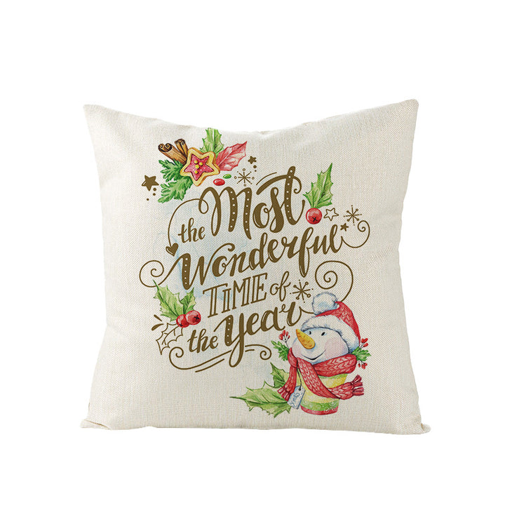 Festive Linen-Texture Holiday Throw Pillow Cover with Antler Motif and Poinsettia Accent