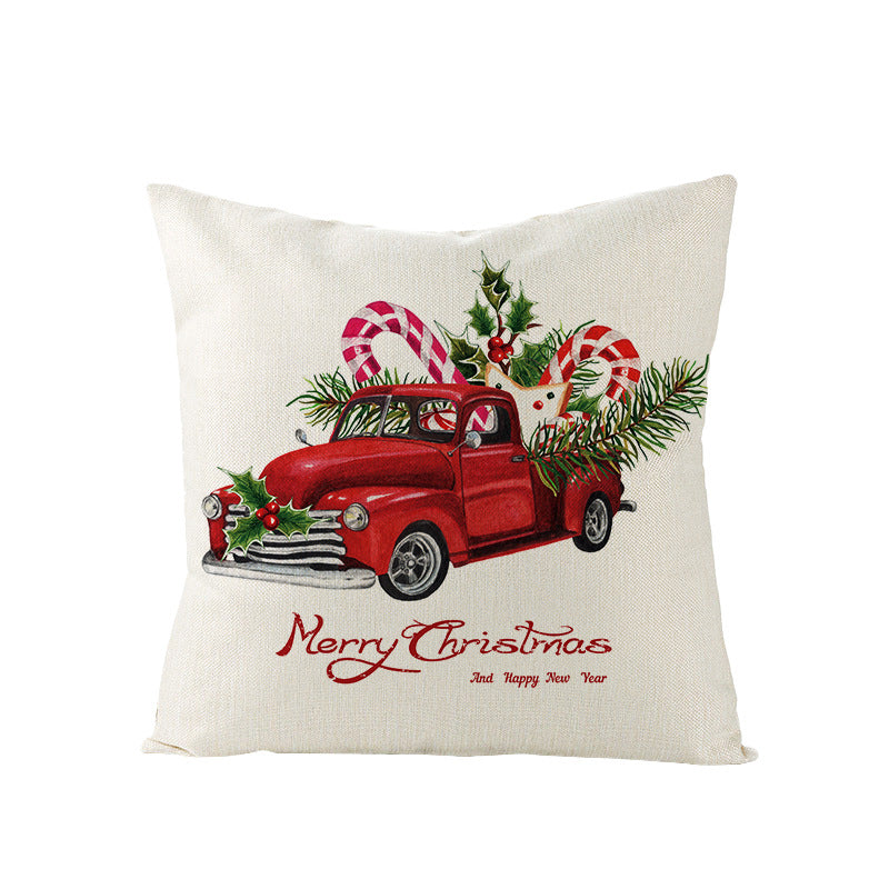 Festive Linen-Texture Holiday Throw Pillow Cover with Antler Motif and Poinsettia Accent