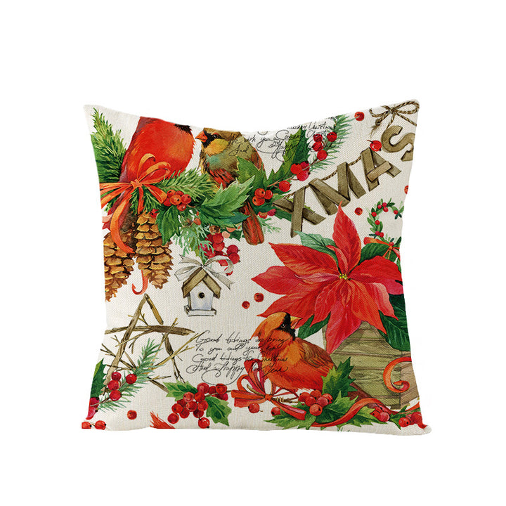 Festive Linen-Texture Holiday Throw Pillow Cover with Antler Motif and Poinsettia Accent