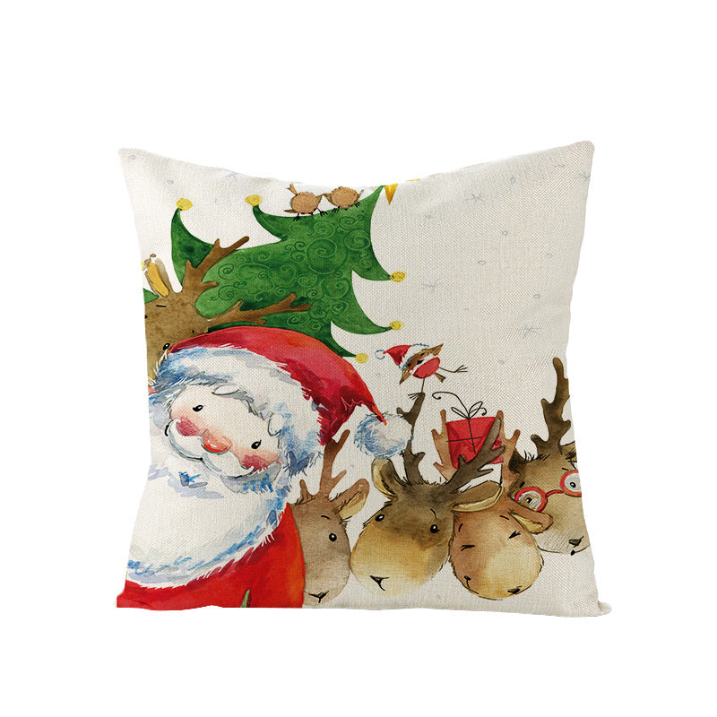 Festive Linen-Texture Holiday Throw Pillow Cover with Antler Motif and Poinsettia Accent