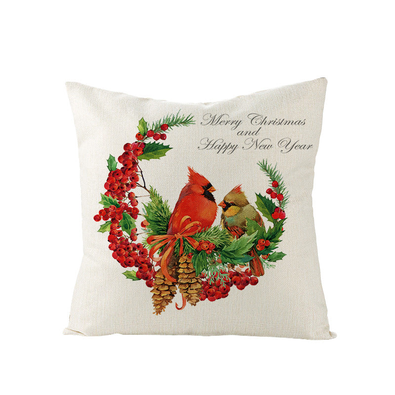 Festive Linen-Texture Holiday Throw Pillow Cover with Antler Motif and Poinsettia Accent