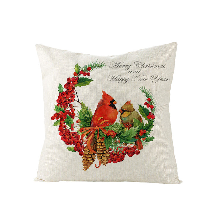 Festive Linen-Texture Holiday Throw Pillow Cover with Antler Motif and Poinsettia Accent
