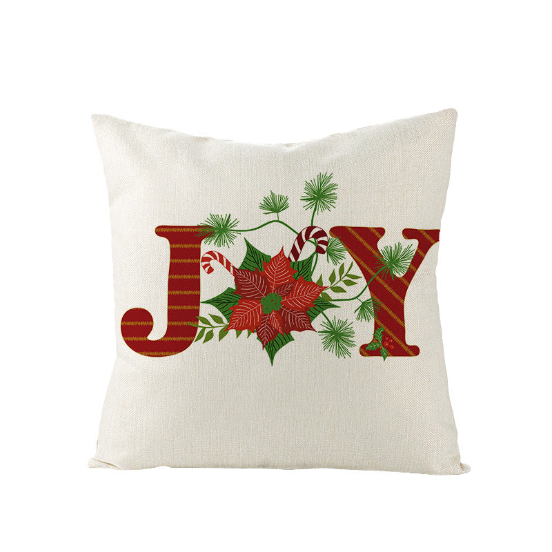 Festive Linen-Texture Holiday Throw Pillow Cover with Antler Motif and Poinsettia Accent