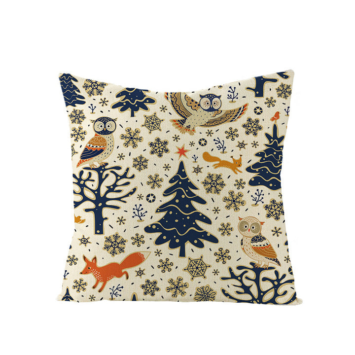 Festive Linen-Texture Holiday Throw Pillow Cover with Antler Motif and Poinsettia Accent