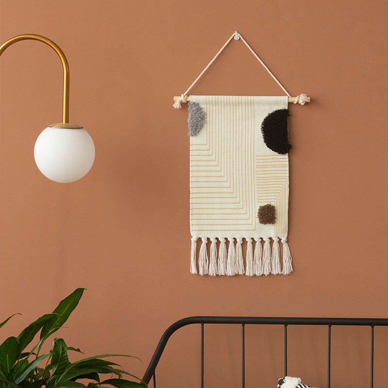 Woven Boho Wall Hanging with Ethno Diamond Pattern, Cotton Fringes and Wood Stick Stornfield
