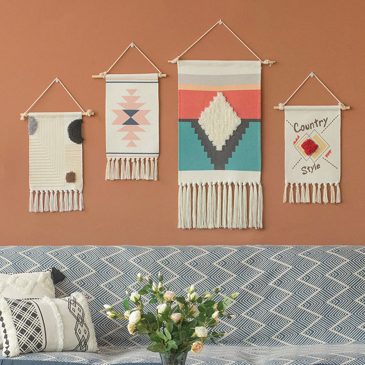 Woven Boho Wall Hanging with Ethno Diamond Pattern, Cotton Fringes and Wood Stick Stornfield