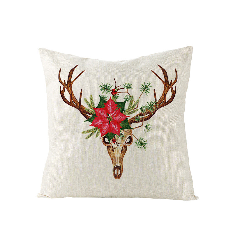 Festive Linen-Texture Holiday Throw Pillow Cover with Antler Motif and Poinsettia Accent