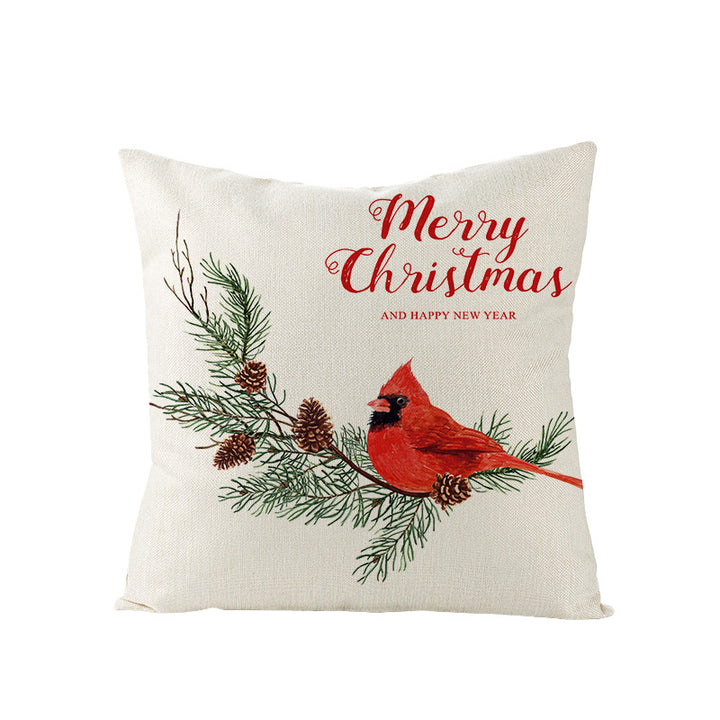Festive Linen-Texture Holiday Throw Pillow Cover with Antler Motif and Poinsettia Accent