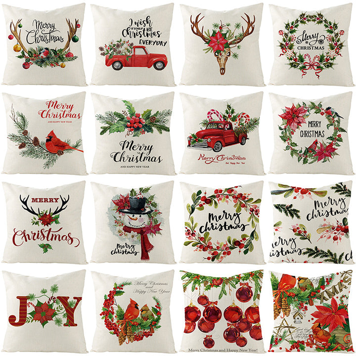 Festive Linen-Texture Holiday Throw Pillow Cover with Antler Motif and Poinsettia Accent