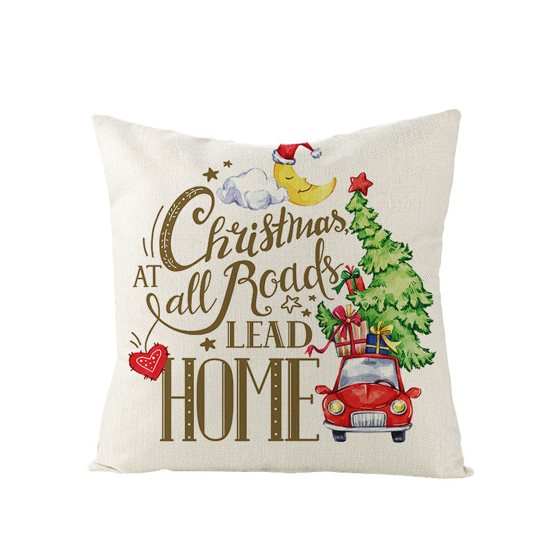 Festive Linen-Texture Holiday Throw Pillow Cover with Antler Motif and Poinsettia Accent