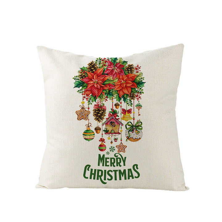 Festive Linen-Texture Holiday Throw Pillow Cover with Antler Motif and Poinsettia Accent