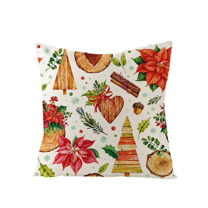 Festive Linen-Texture Holiday Throw Pillow Cover with Antler Motif and Poinsettia Accent