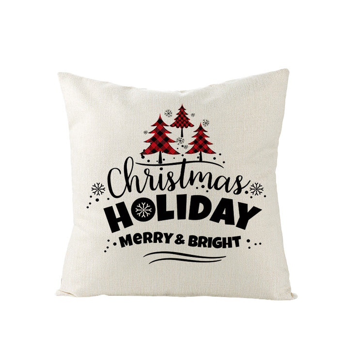 Festive Linen-Texture Holiday Throw Pillow Cover with Antler Motif and Poinsettia Accent