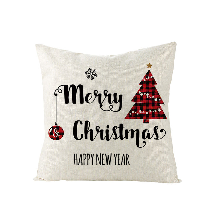 Festive Linen-Texture Holiday Throw Pillow Cover with Antler Motif and Poinsettia Accent