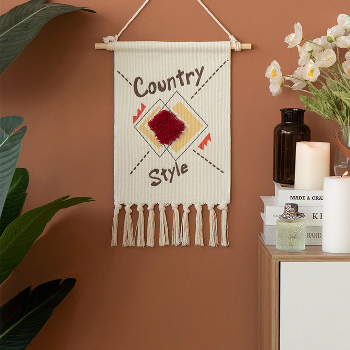 Woven Boho Wall Hanging with Ethno Diamond Pattern, Cotton Fringes and Wood Stick Stornfield