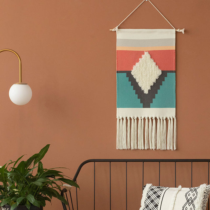 Woven Boho Wall Hanging with Ethno Diamond Pattern, Cotton Fringes and Wood Stick Stornfield