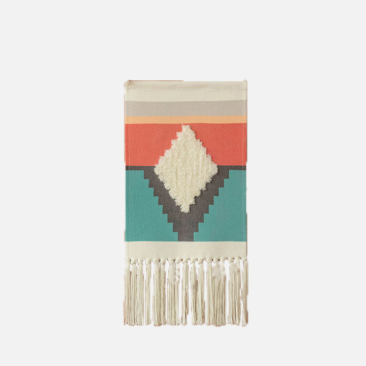 Woven Boho Wall Hanging with Ethno Diamond Pattern, Cotton Fringes and Wood Stick Stornfield