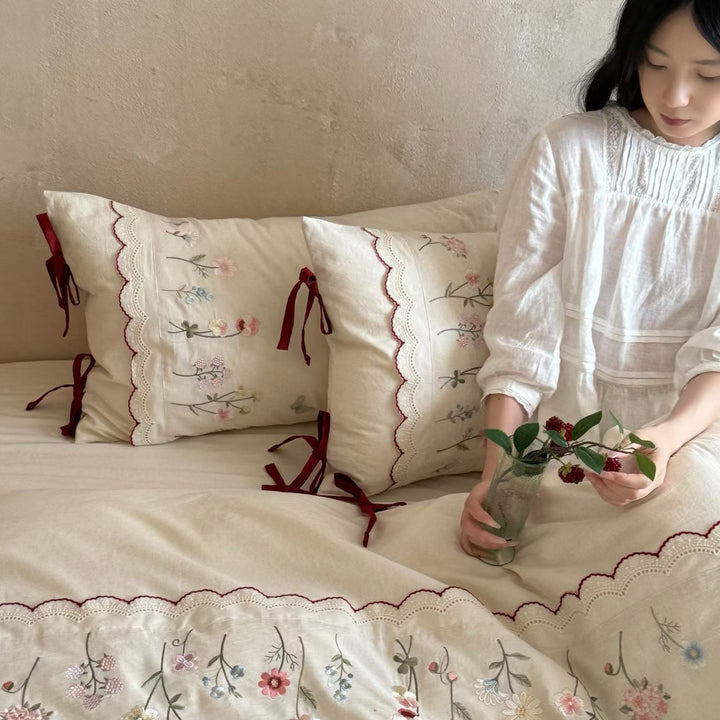 Cotton-linen bedding set, embroidered, French