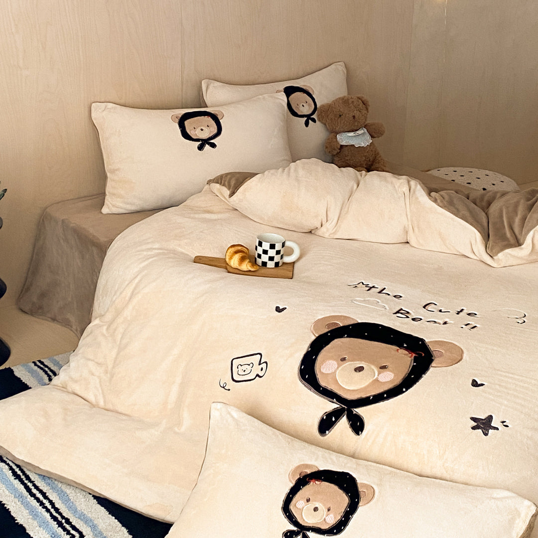 Milk fiber fleece bedding set, cartoon design, warm