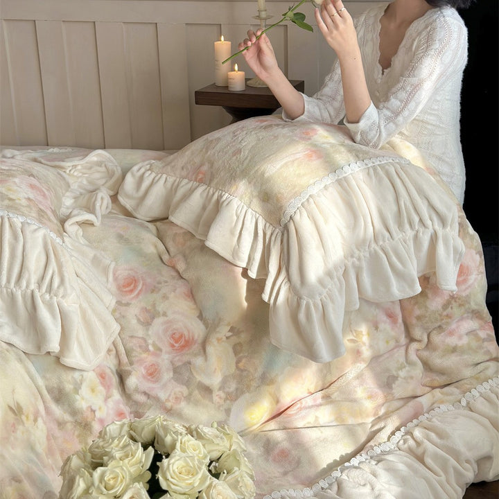 Bed linen set made of milk fiber fleece, embroidered, French style