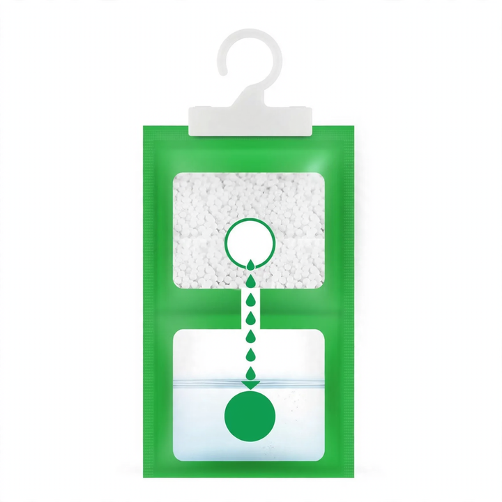 Hanging dehumidifying bag for wardrobes