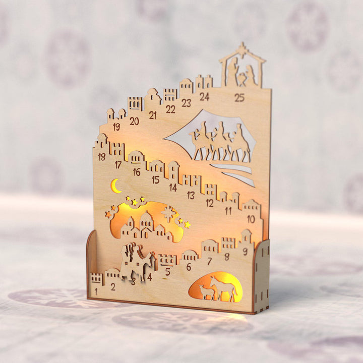 Illuminated wooden Advent calendar for the Christmas season