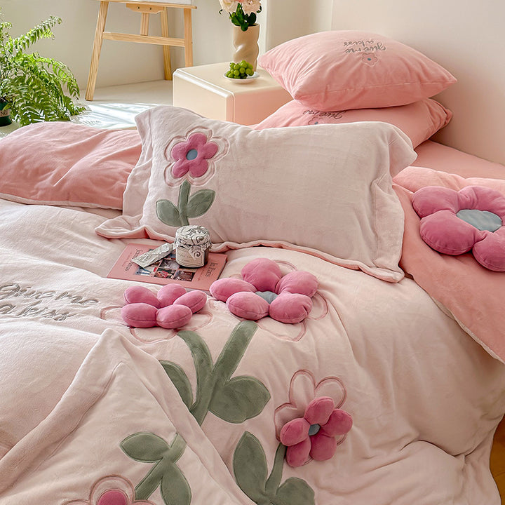 Milk fiber bedding set, 4-piece, 3D floral pattern