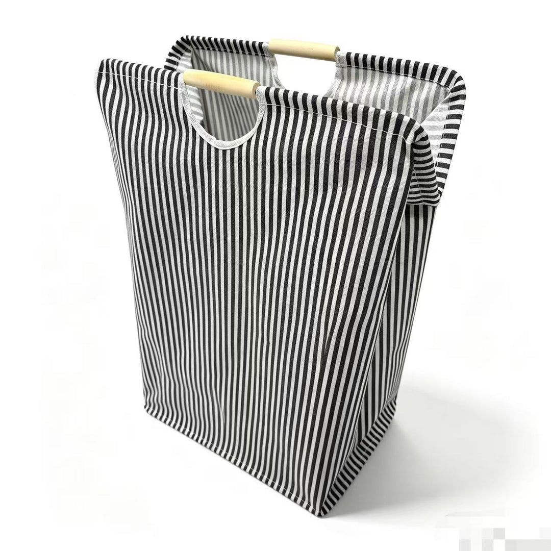 Collapsible laundry basket, cotton-linen, with wooden handles