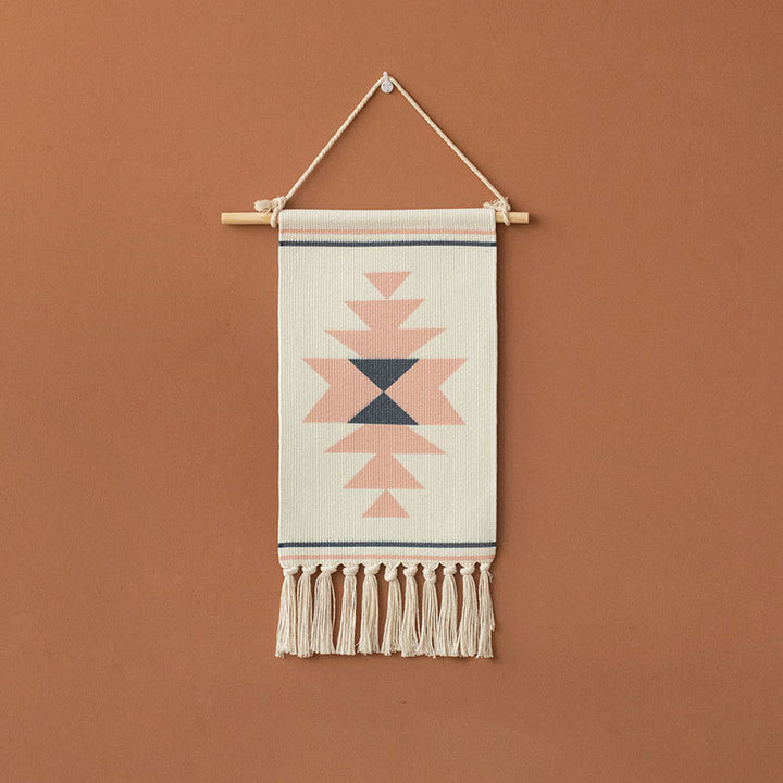 Woven Boho Wall Hanging with Ethno Diamond Pattern, Cotton Fringes and Wood Stick Stornfield