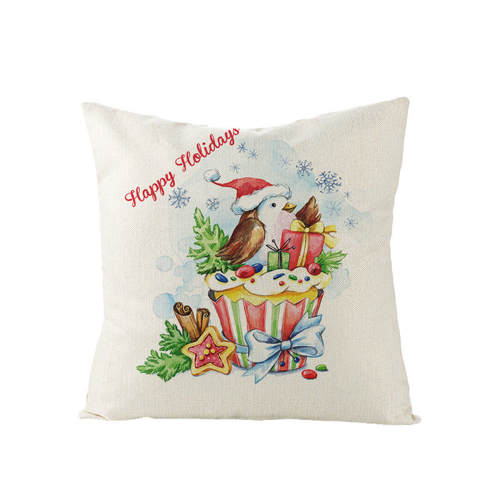 Festive Linen-Texture Holiday Throw Pillow Cover with Antler Motif and Poinsettia Accent