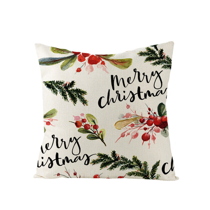 Festive Linen-Texture Holiday Throw Pillow Cover with Antler Motif and Poinsettia Accent