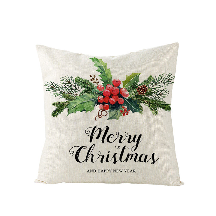 Festive Linen-Texture Holiday Throw Pillow Cover with Antler Motif and Poinsettia Accent