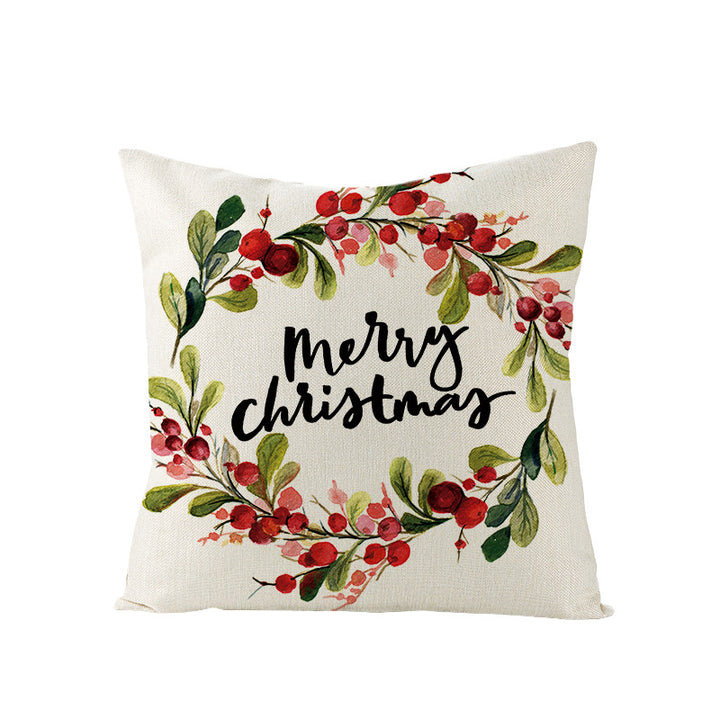 Festive Linen-Texture Holiday Throw Pillow Cover with Antler Motif and Poinsettia Accent